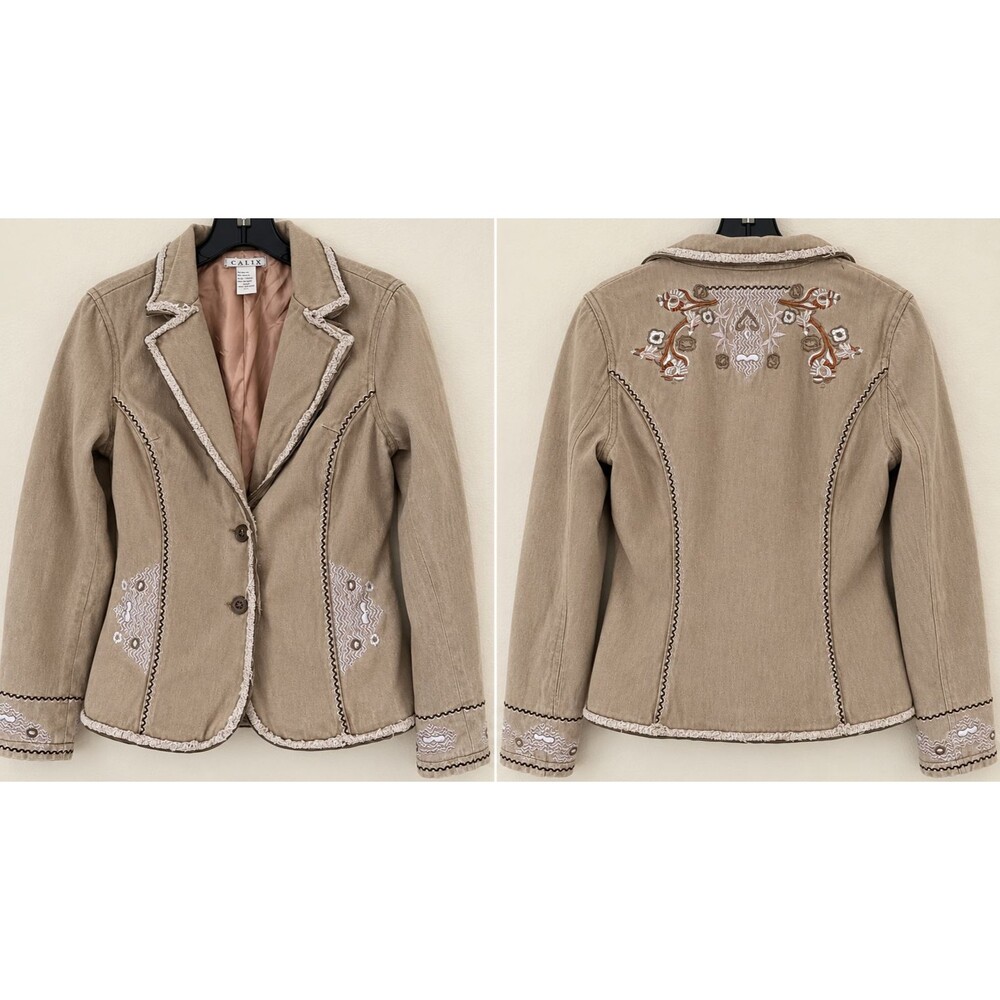 Calix Womens L Embroidered Cotton Blazer Jacket Western Boho Tan Fitted